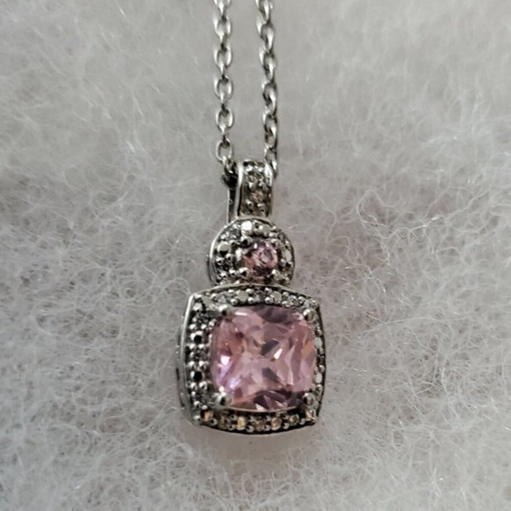 20" Sterling Silver Chain‎ W/ Pink Gem Stone Charm 925 SS